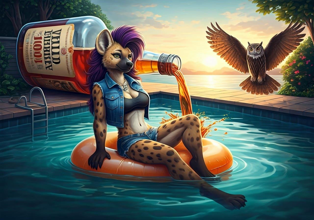 Hyena in Whiskey Pool, Watercolor Style