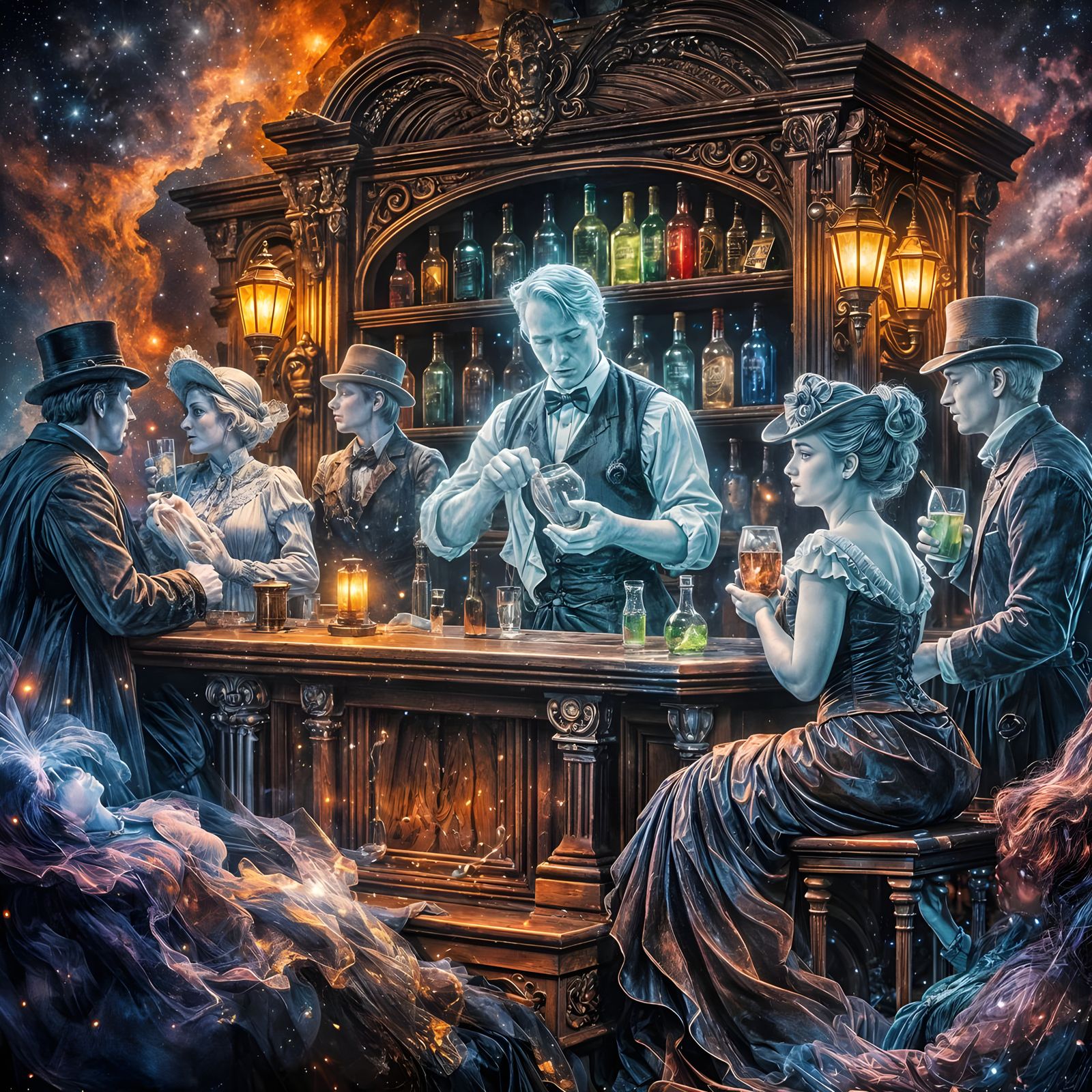 Victorian Ghost Bar in Cosmic Nebula, Romantic Comic Style