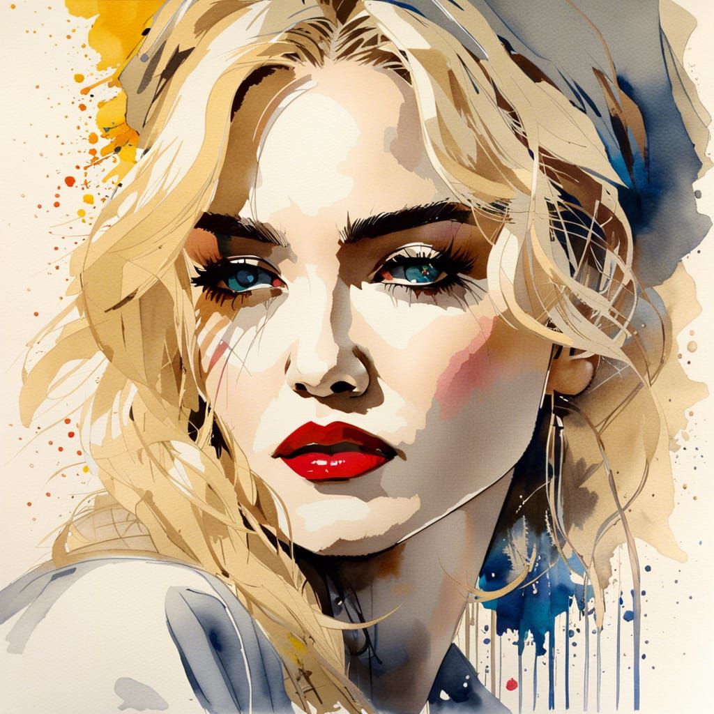 Watercolor Calligraphy Portrait of Blonde Woman
