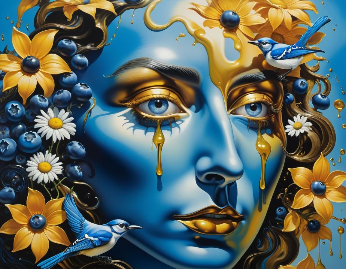 Surreal Face Dissolving into Blue Oil, Daliesque Style