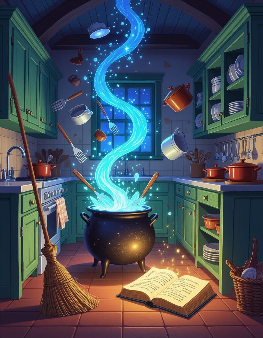 Magical Kitchen Chore Scene With Floating Utensils