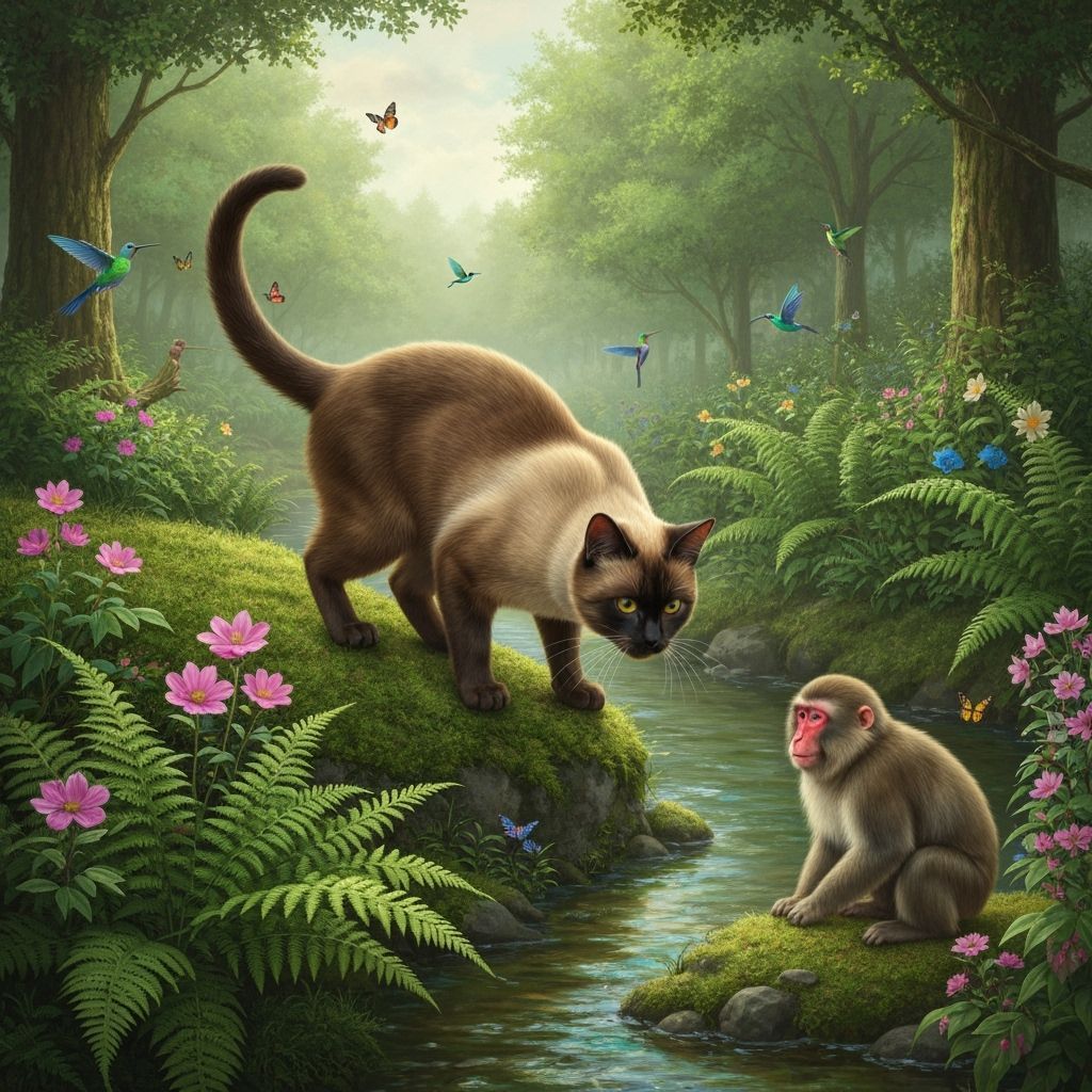 Siamese Cat Stalks Macaque in Serene Japanese Nature Scene