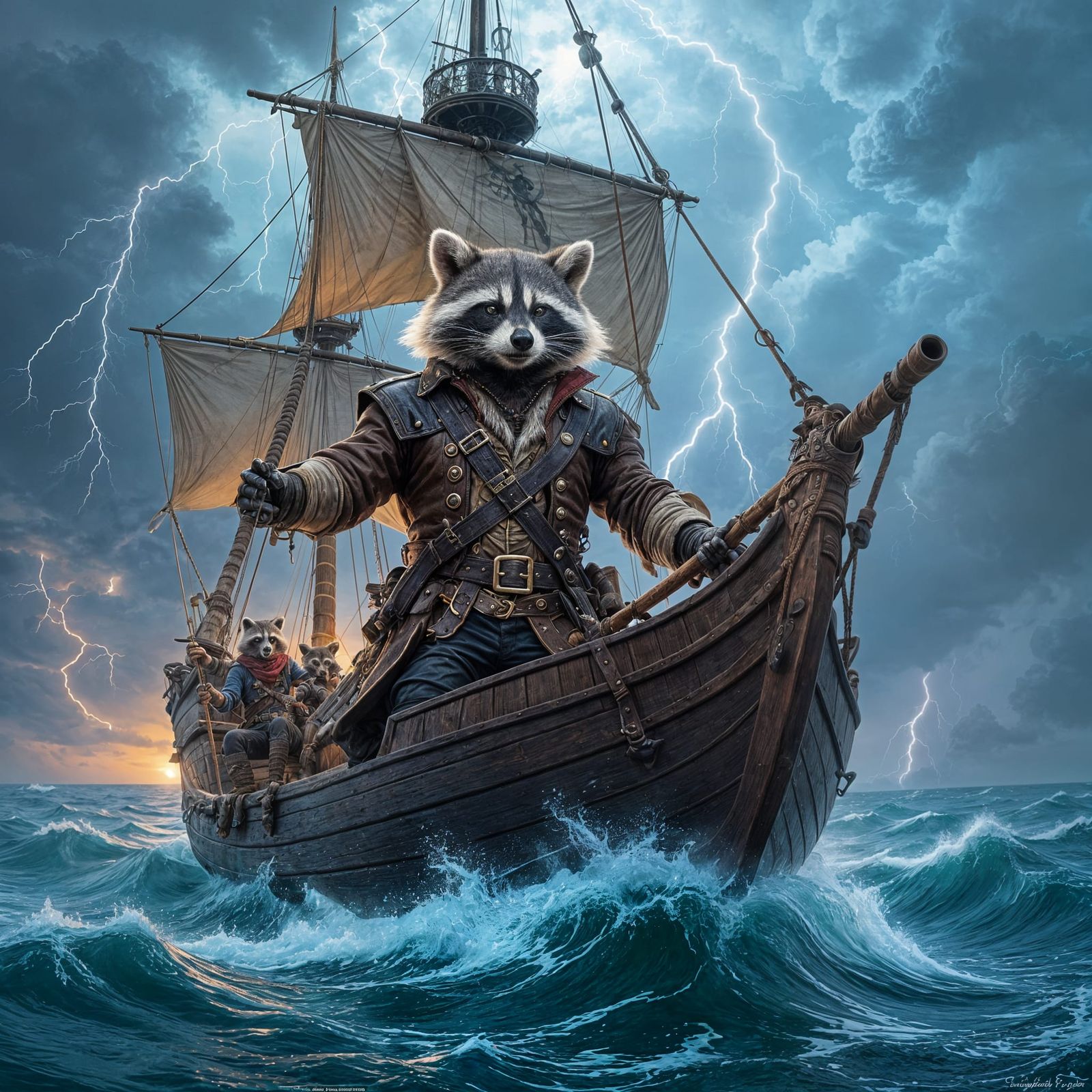 Racoon Pirate Captain Sailing Stormy Seas