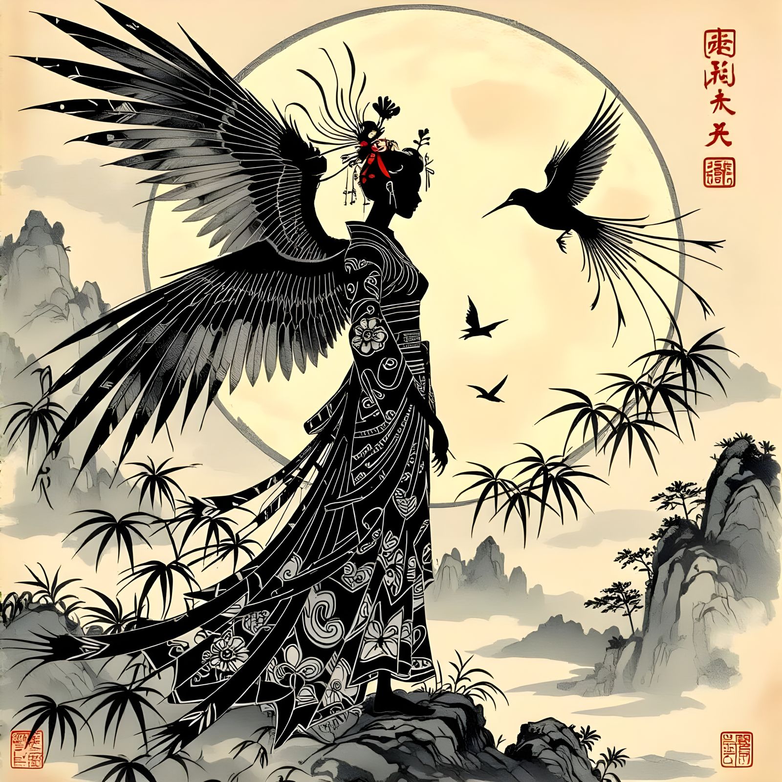 Japanese Ink Bird-Dragon Silhouettes with Moon