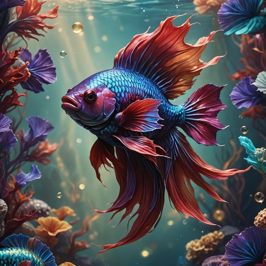 Majestic Red Finned Beta Fish in Fantasy Art