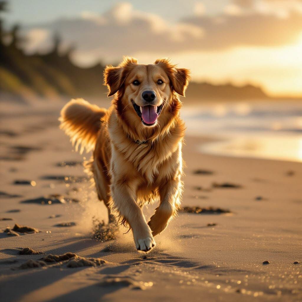 Golden Retriever Runs on Beach at Golden Hour