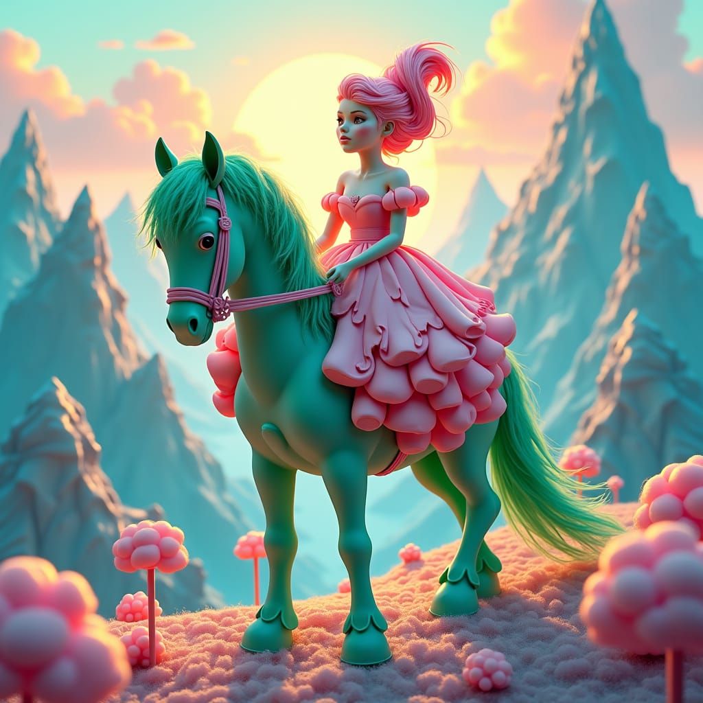 Marshmallow Lady Rides Horse in Hyperrealistic Style