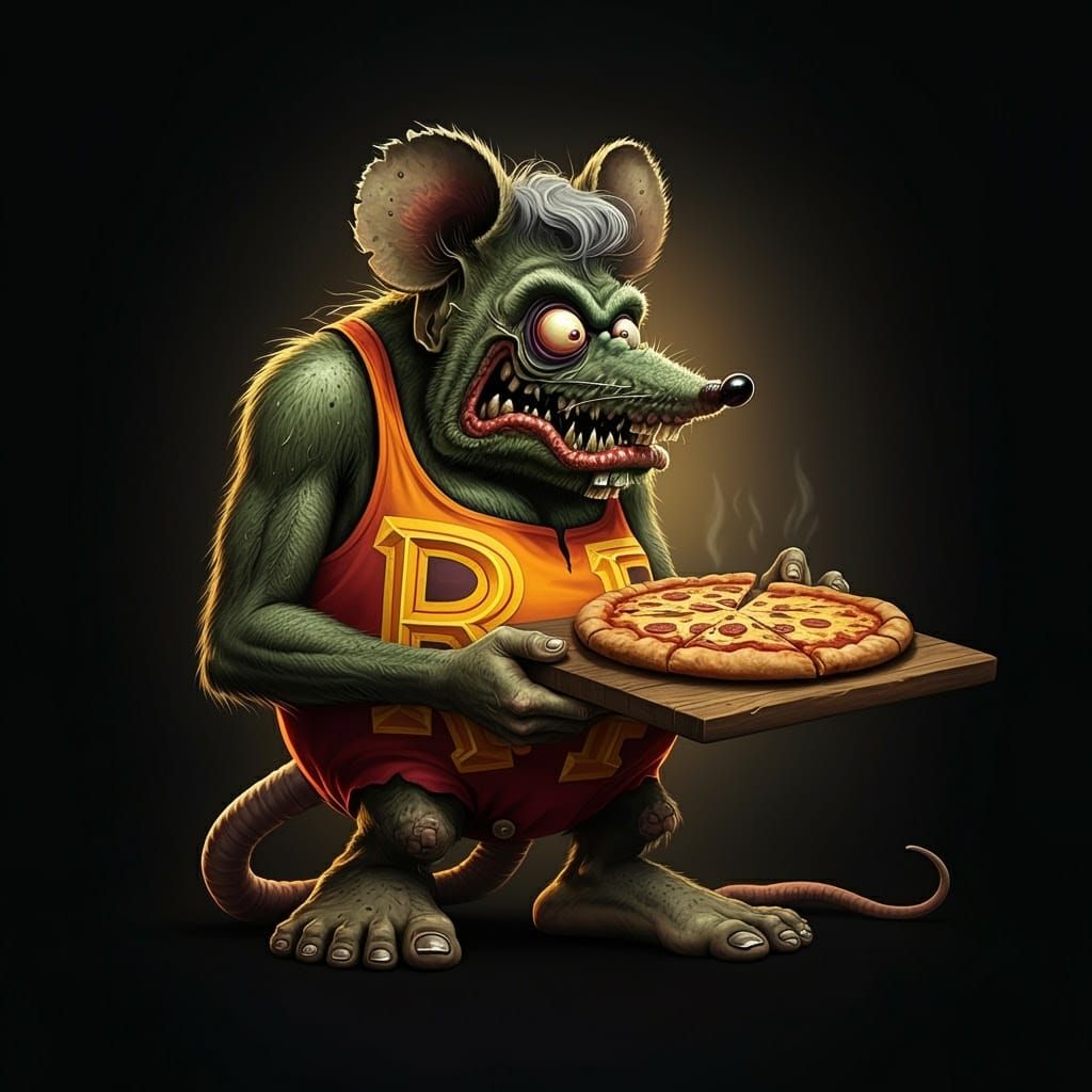 Grotesque Yet Endearing Monster Savoring a Pizza in 1960s Ho...