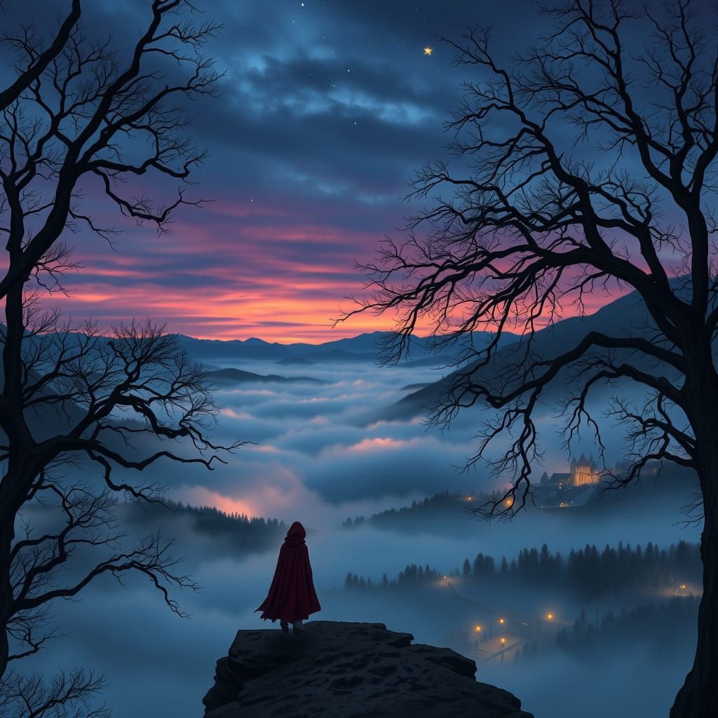 Mysterious Figure Contemplates Twilight Valley