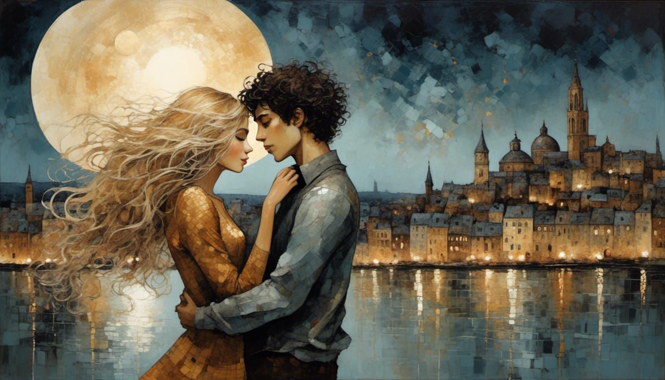 Romantic Embrace Under City Moonlit Sky