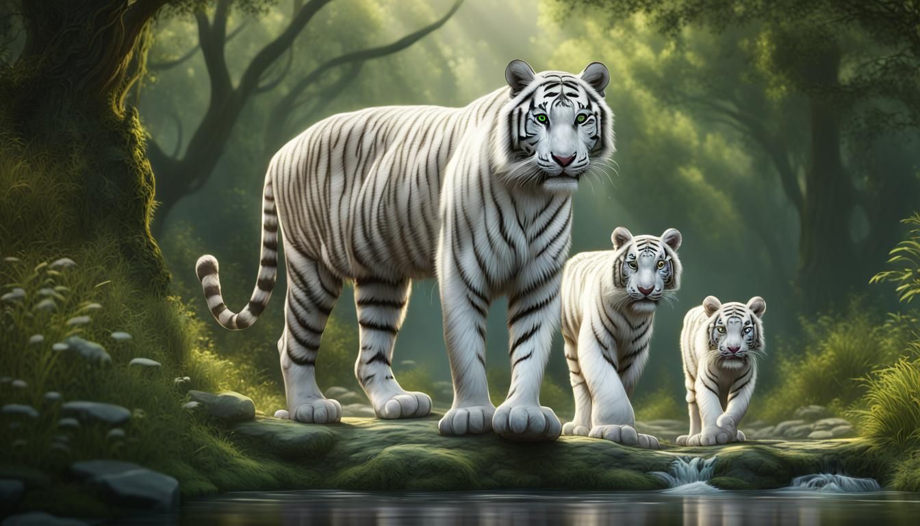 Majestic White Tiger Family in Fantasy Landscape