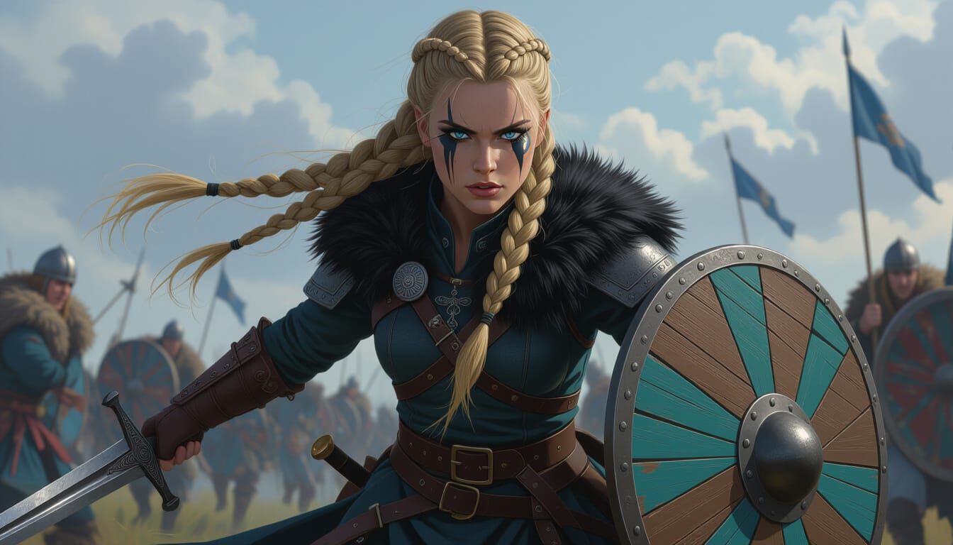 Anime Viking Shield Maiden Warrior Charging in Battle