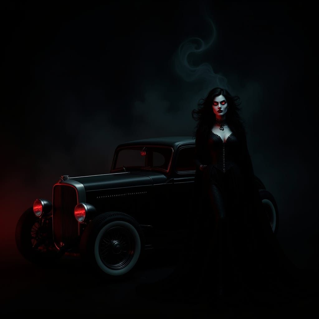 Gothic Vampire Poses With Stylized Rat Rod Car