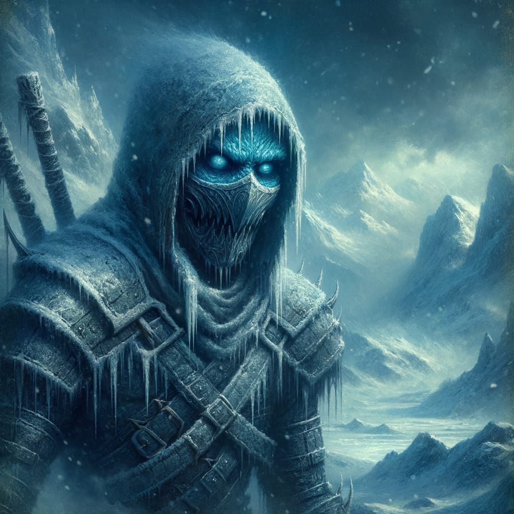 Ice Ninja in Snowy Mountains, Dark Fantasy Art