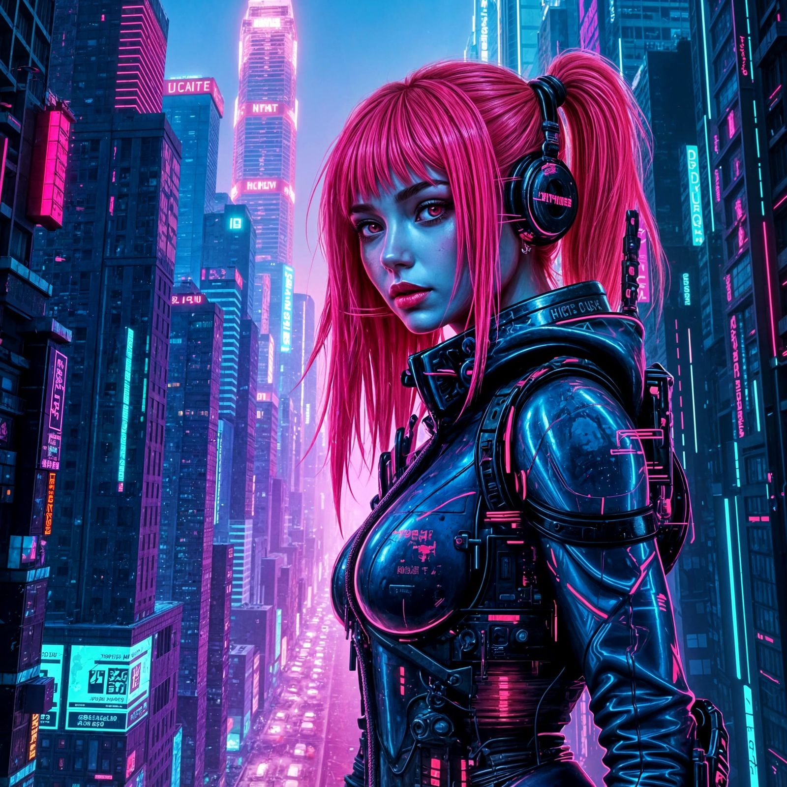 Cyberpunk Girl in a Vibrant Dystopian Cityscape