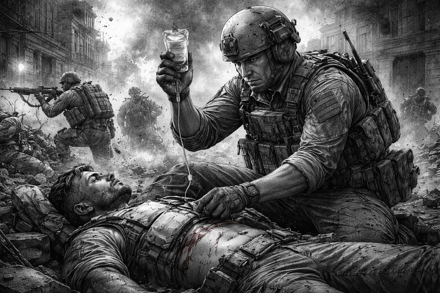 Gritty Grayscale Soldier Medic Illustration in 32K
