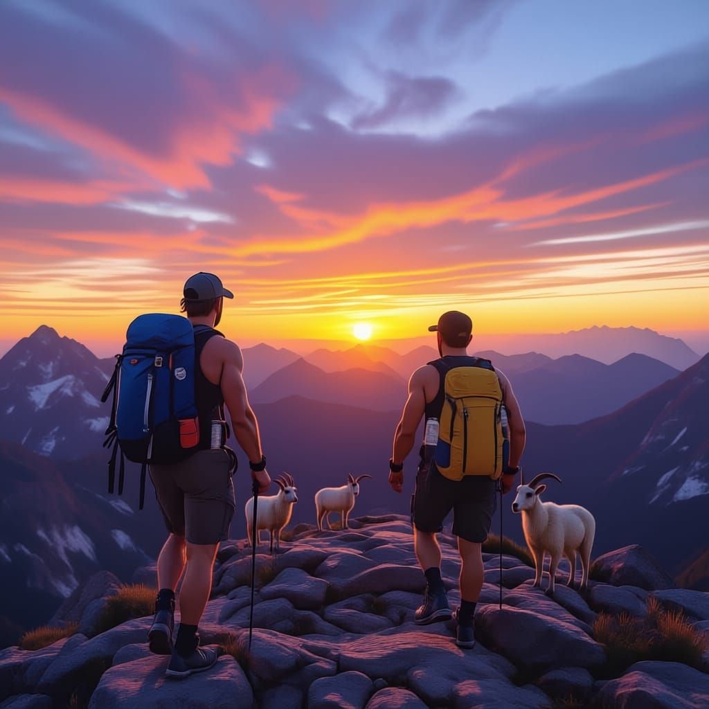 Two Hikers Reach Mountain Summit at Vibrant Sunset