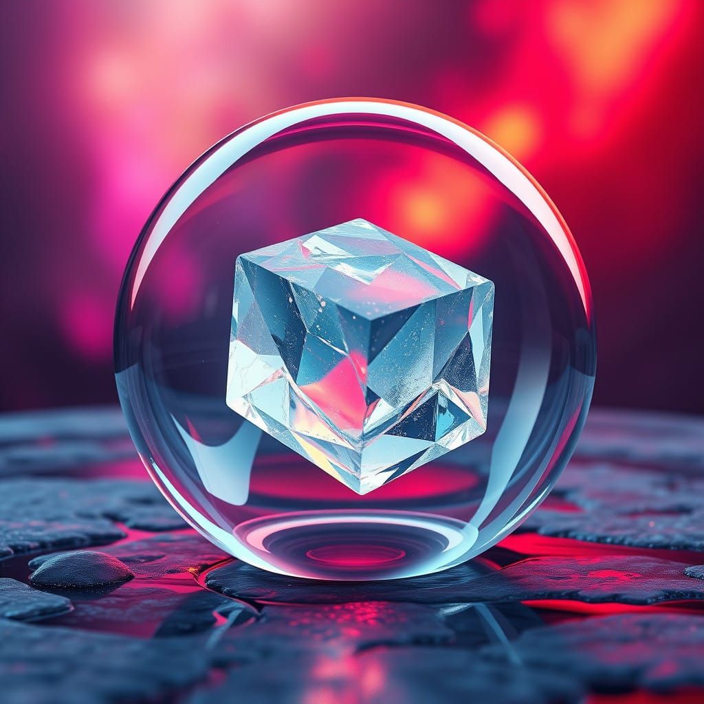 Crystal Clear Ice Cube in a Glass Ball: Futuristic Fantasy A...