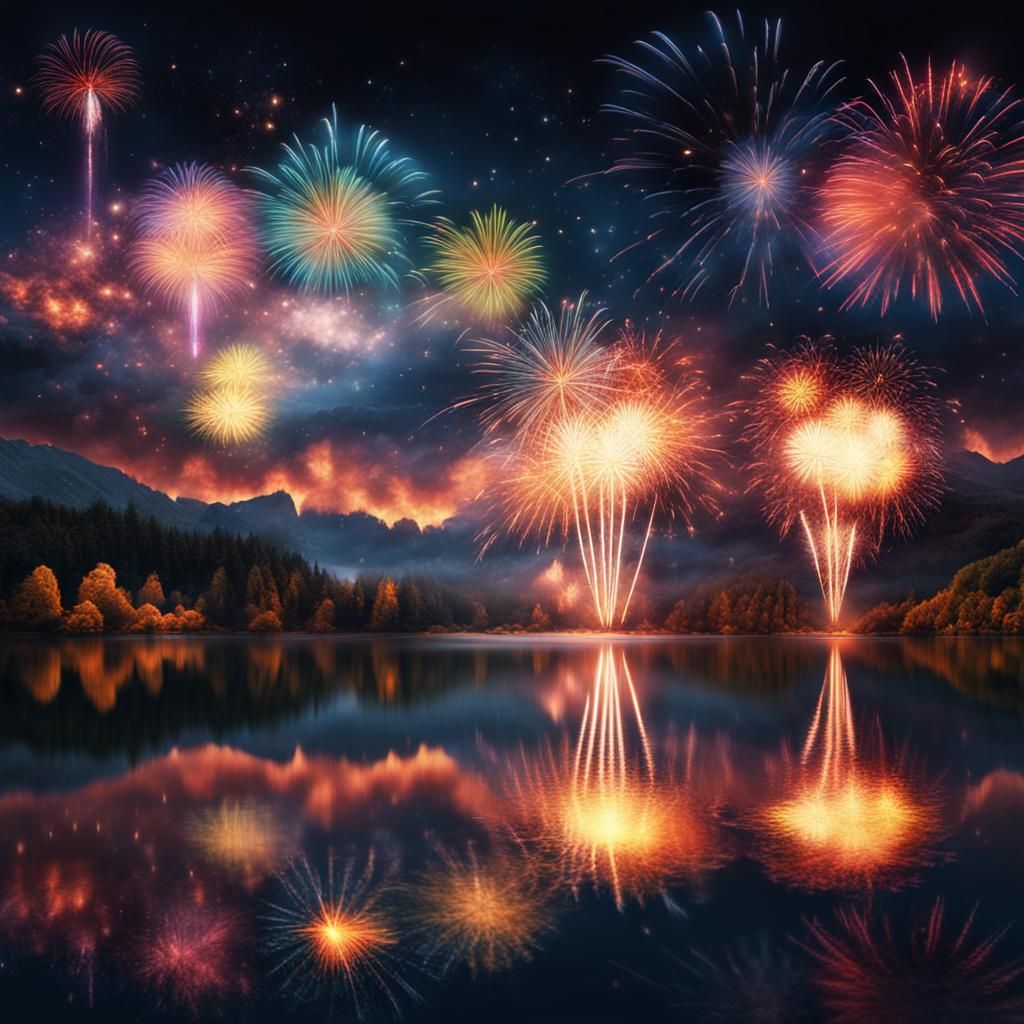 Sparkling Fireworks Reflecting on a Lake