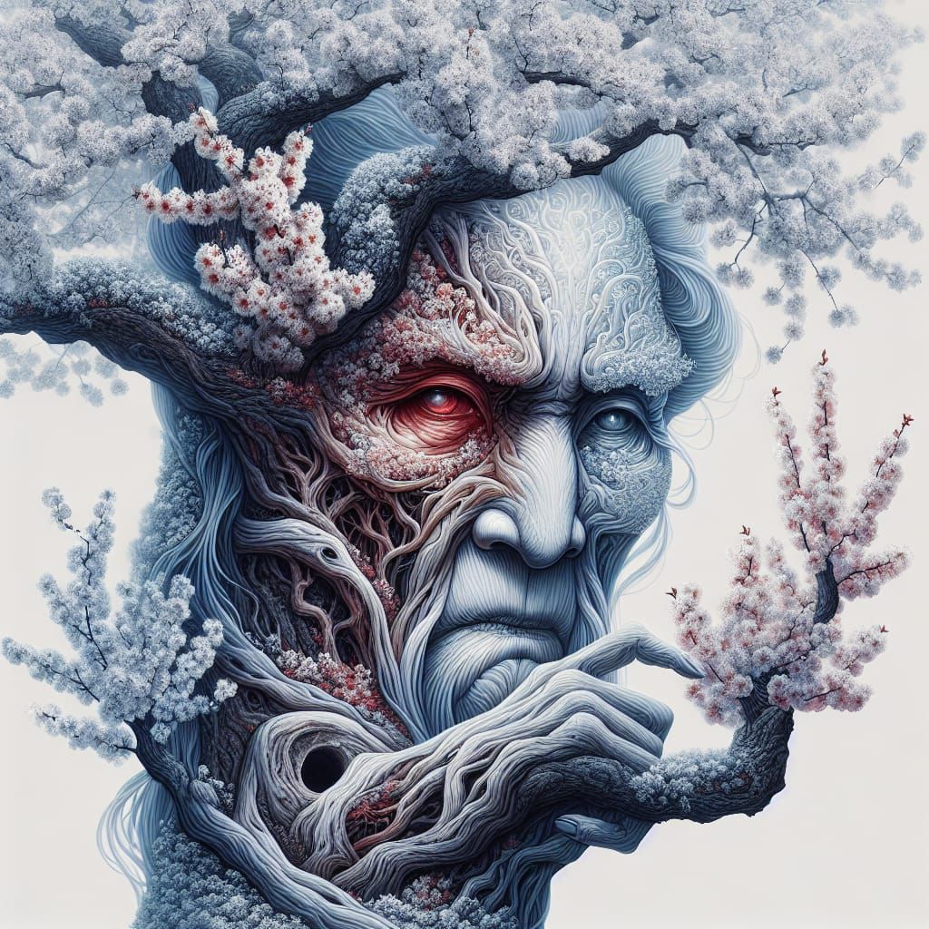 Ethereal Cherry Tree with Woman's Face Illustration