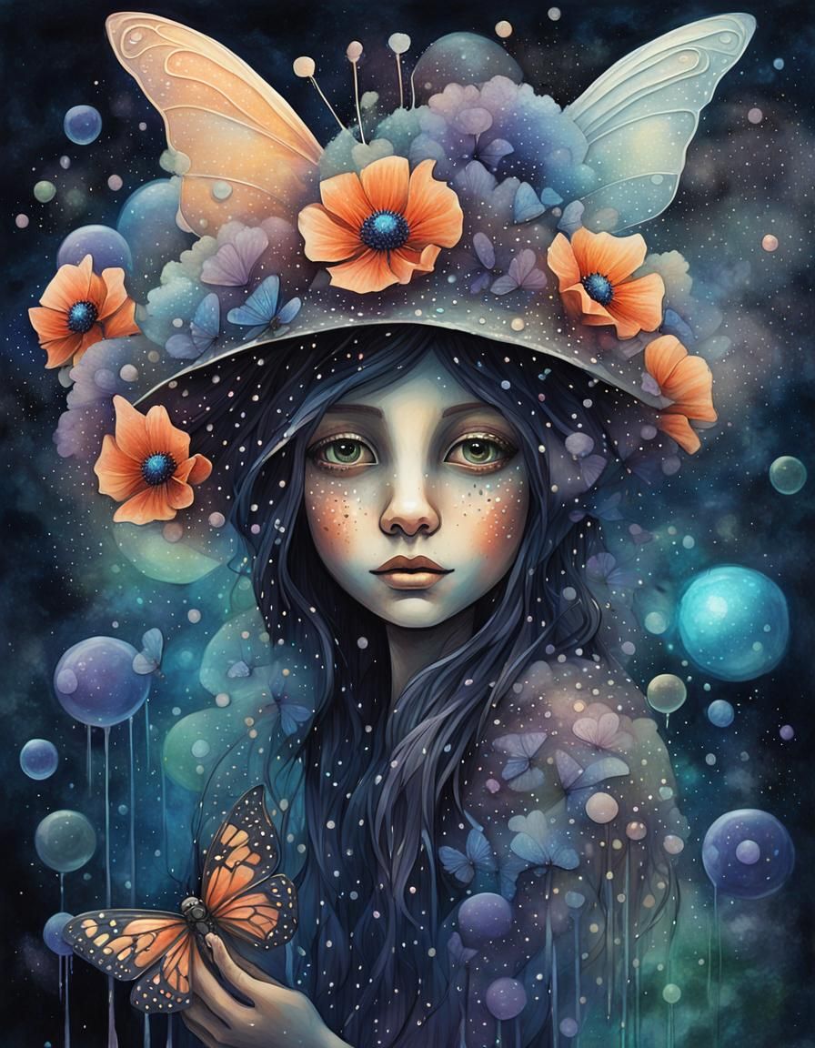 Fairy Witch with Bioluminescent Flowers in Cubist Style