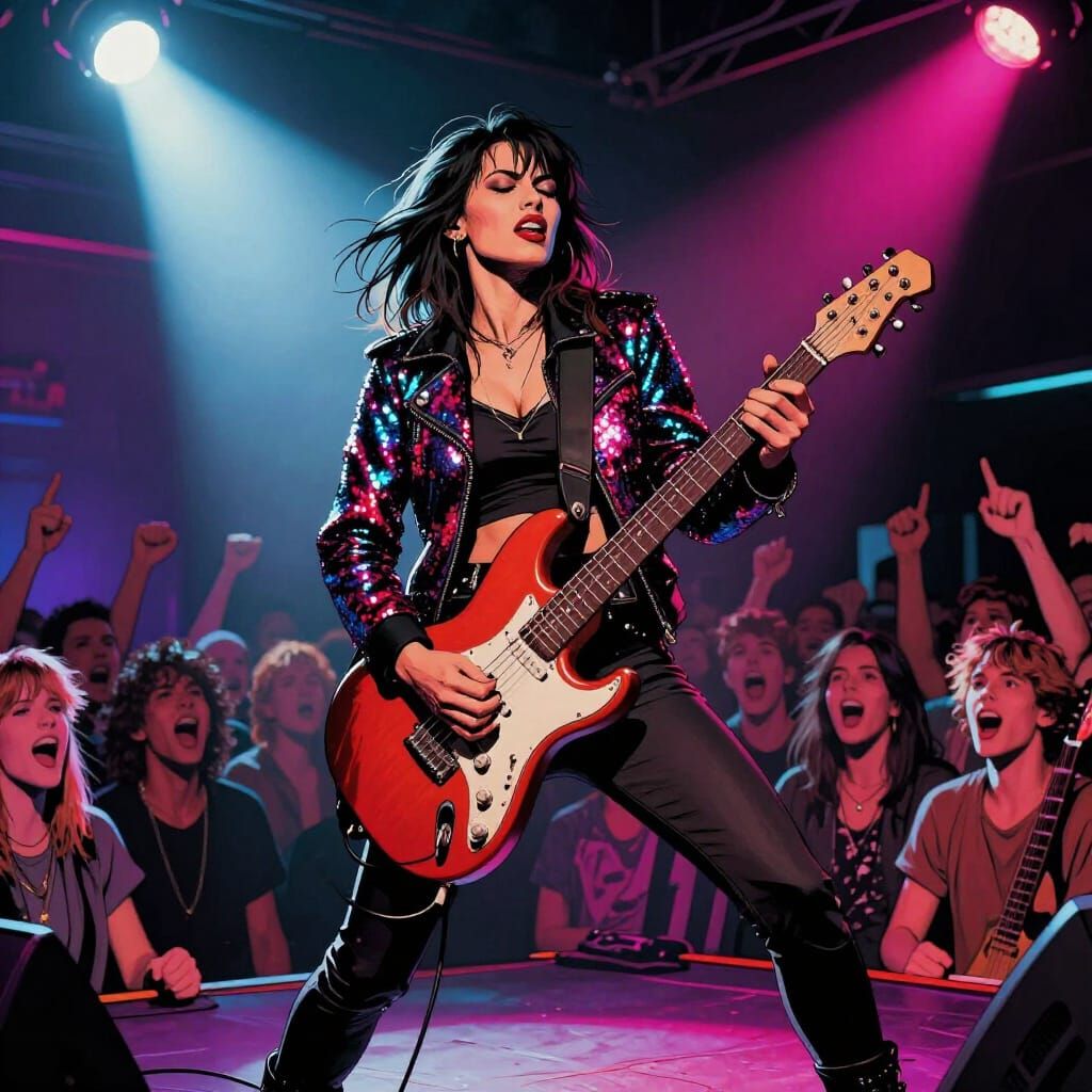 Female Rockstar Guitar Solo in Neon Lights