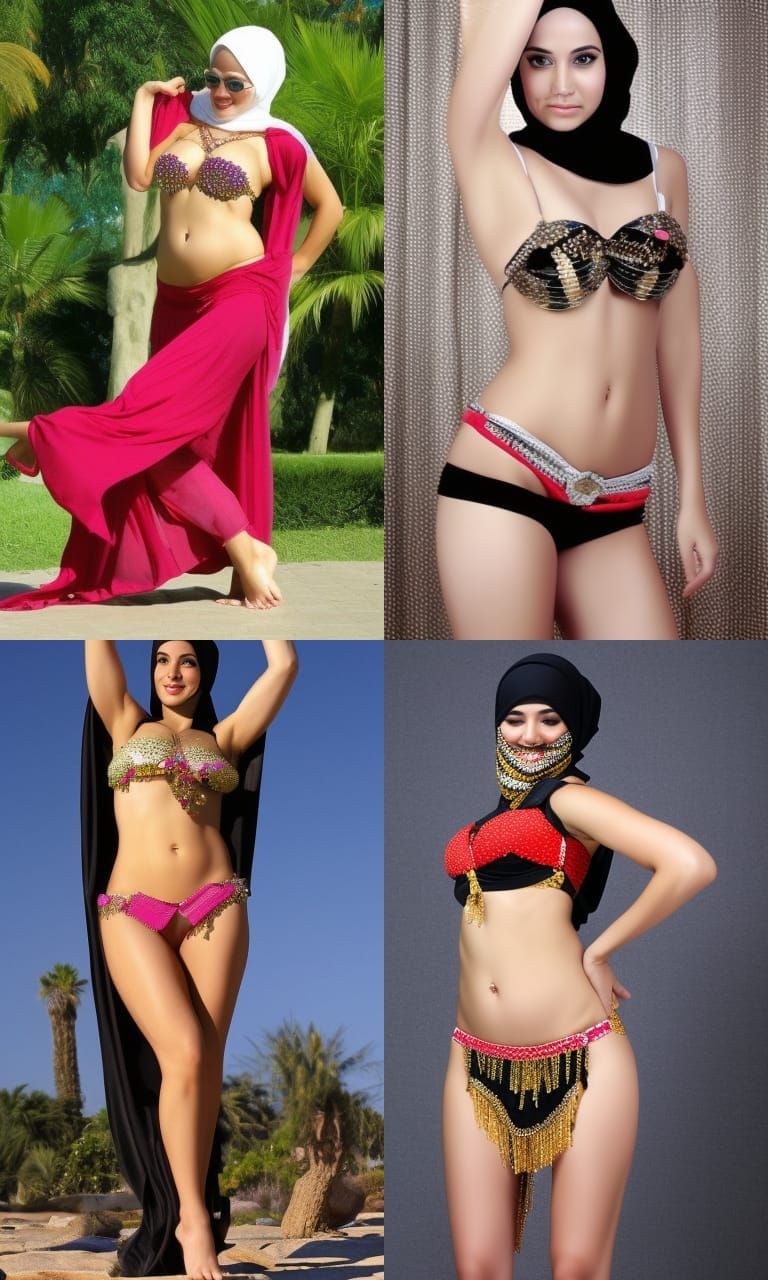Provocative Belly Dancer in Hijab and Bikini