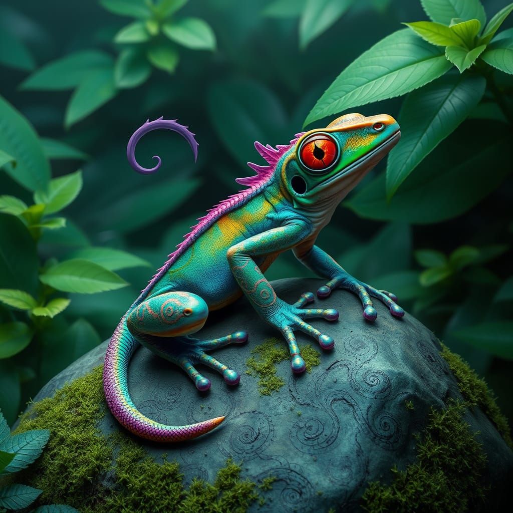 Dreamlike Iridescent Amphibian Hybrid in Cyberpunk Aesthetic