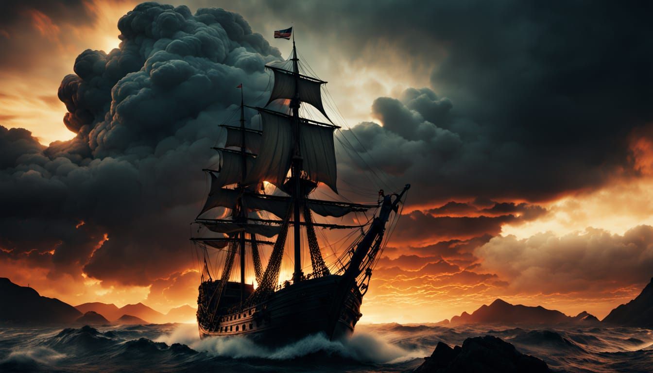 Majestic Galleon Emerges from Stormy Seas in Cinematic Golde...