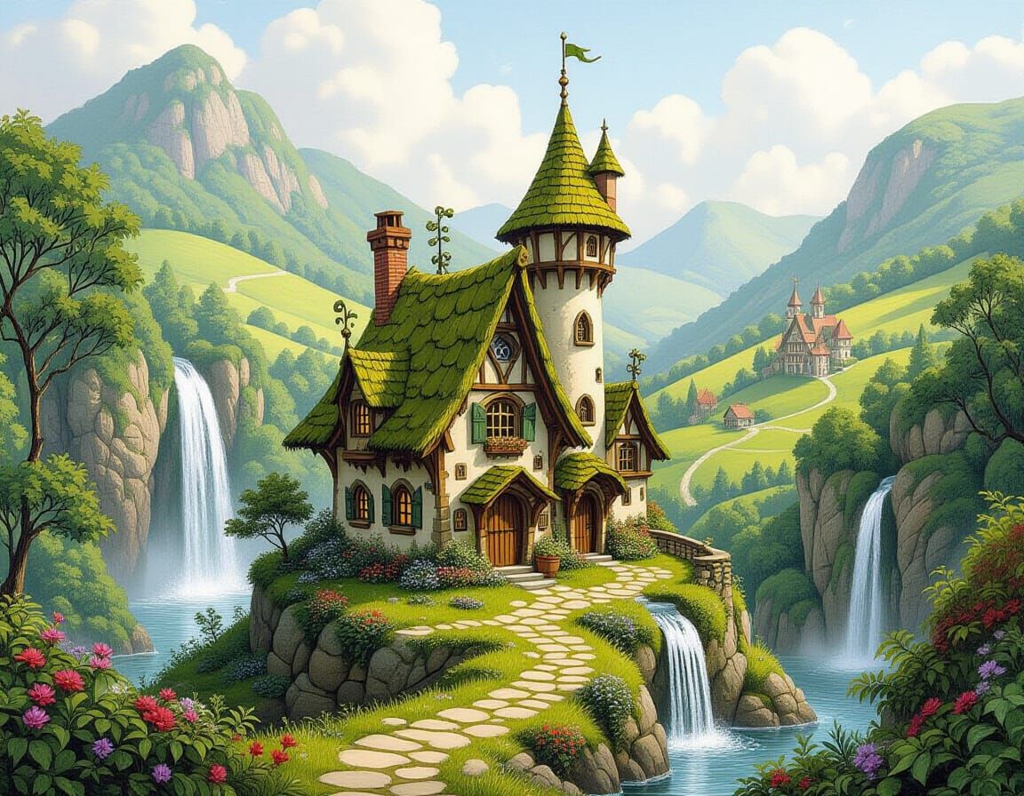 Whimsical Fairy Village Landscape Art