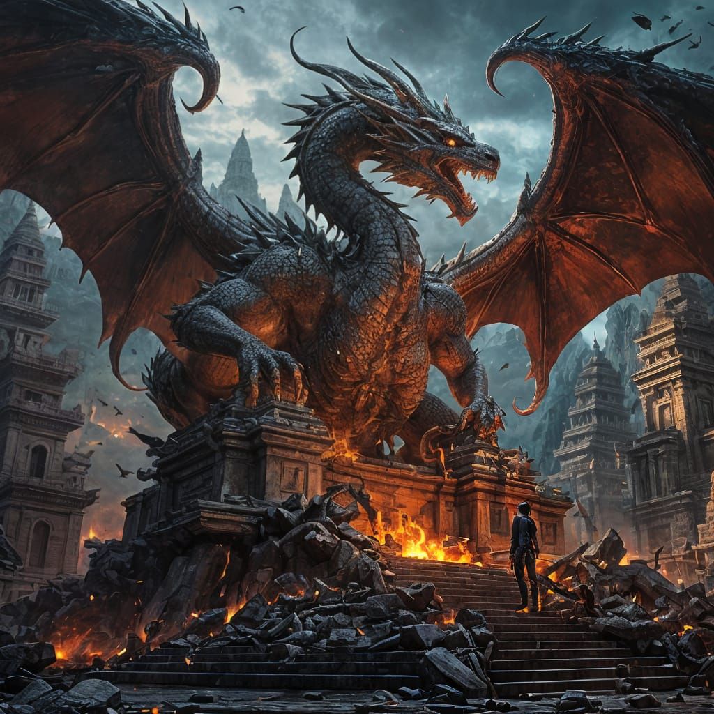 Dragon on Destroyed Buddha Statue in Detailed Matte Painting...
