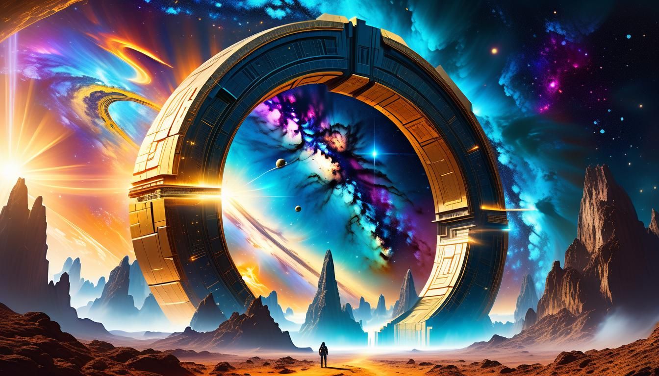 Radiant Stargate Portal in Gold and Blue Galaxy