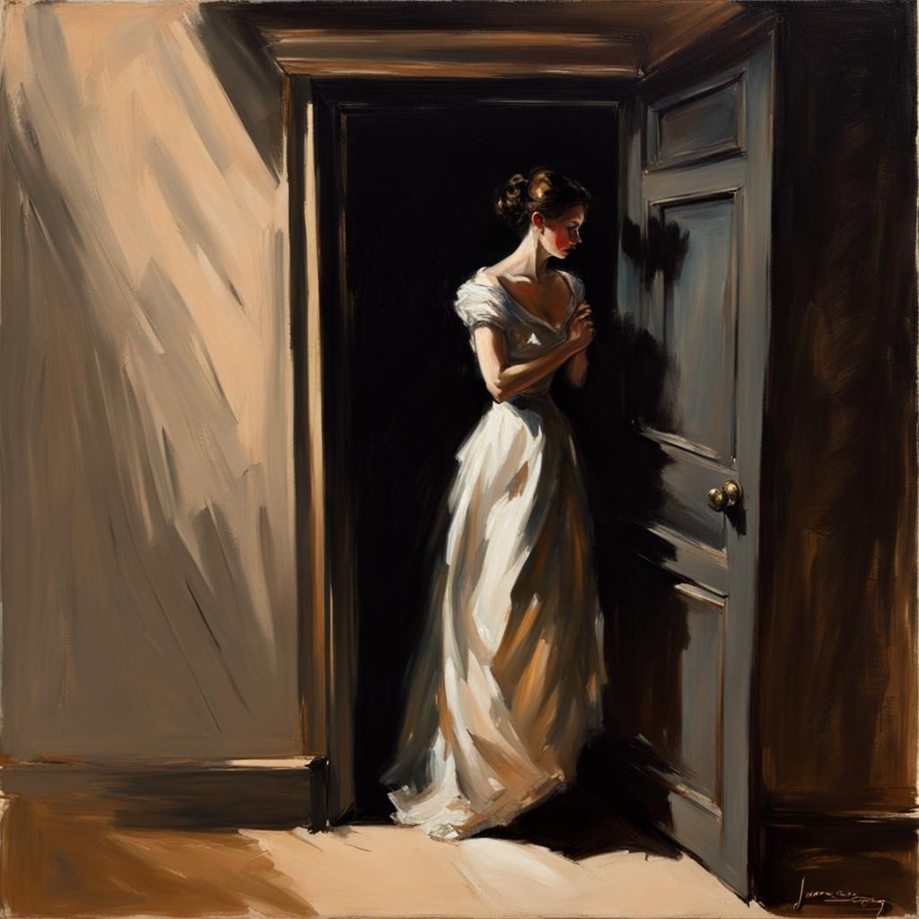 Woman in Dark Doorway: Chiaroscuro Oil Painting