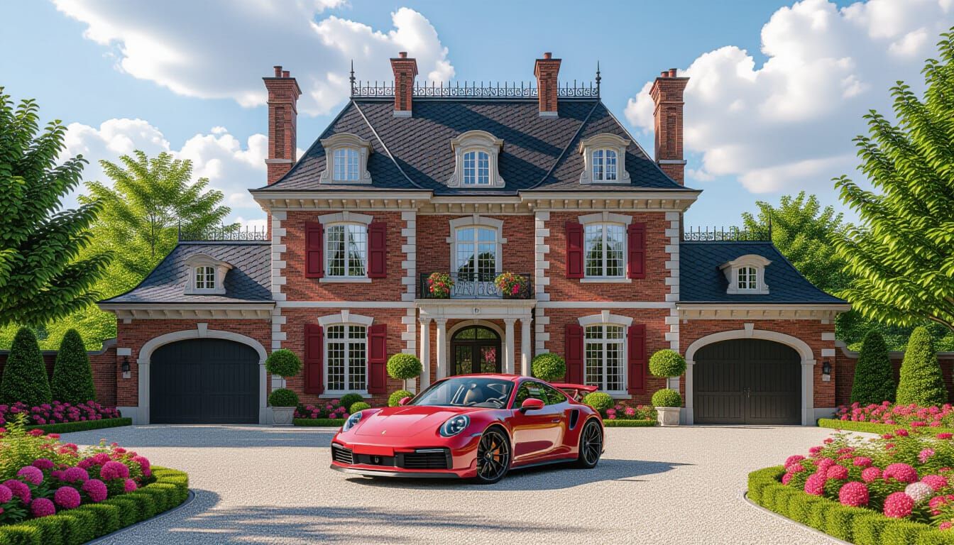 Victorian Chateau with Red Porsche 911