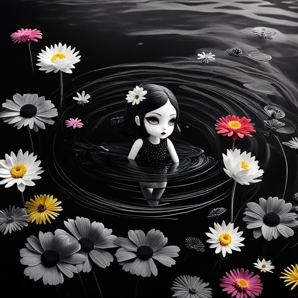 Chibi Goth Woman in Surreal Crayon Drawing