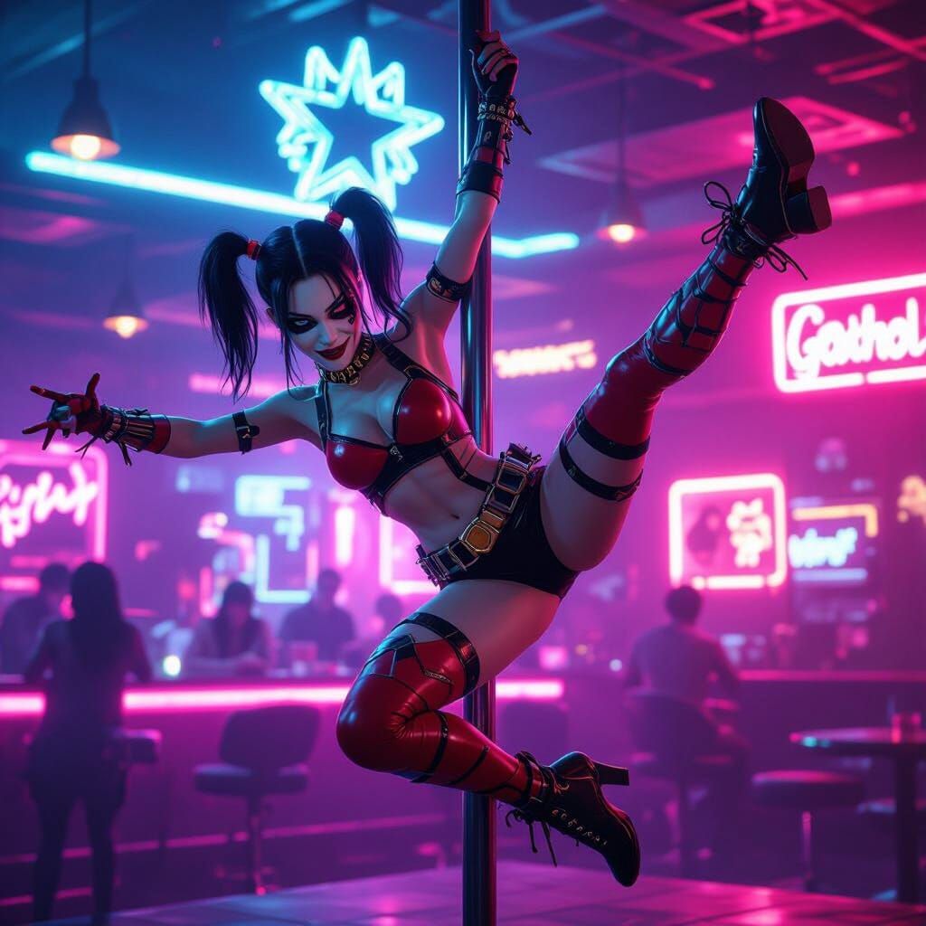 Asian Harley Quinn Acrobat in Neon Gotham, Fantasy Art