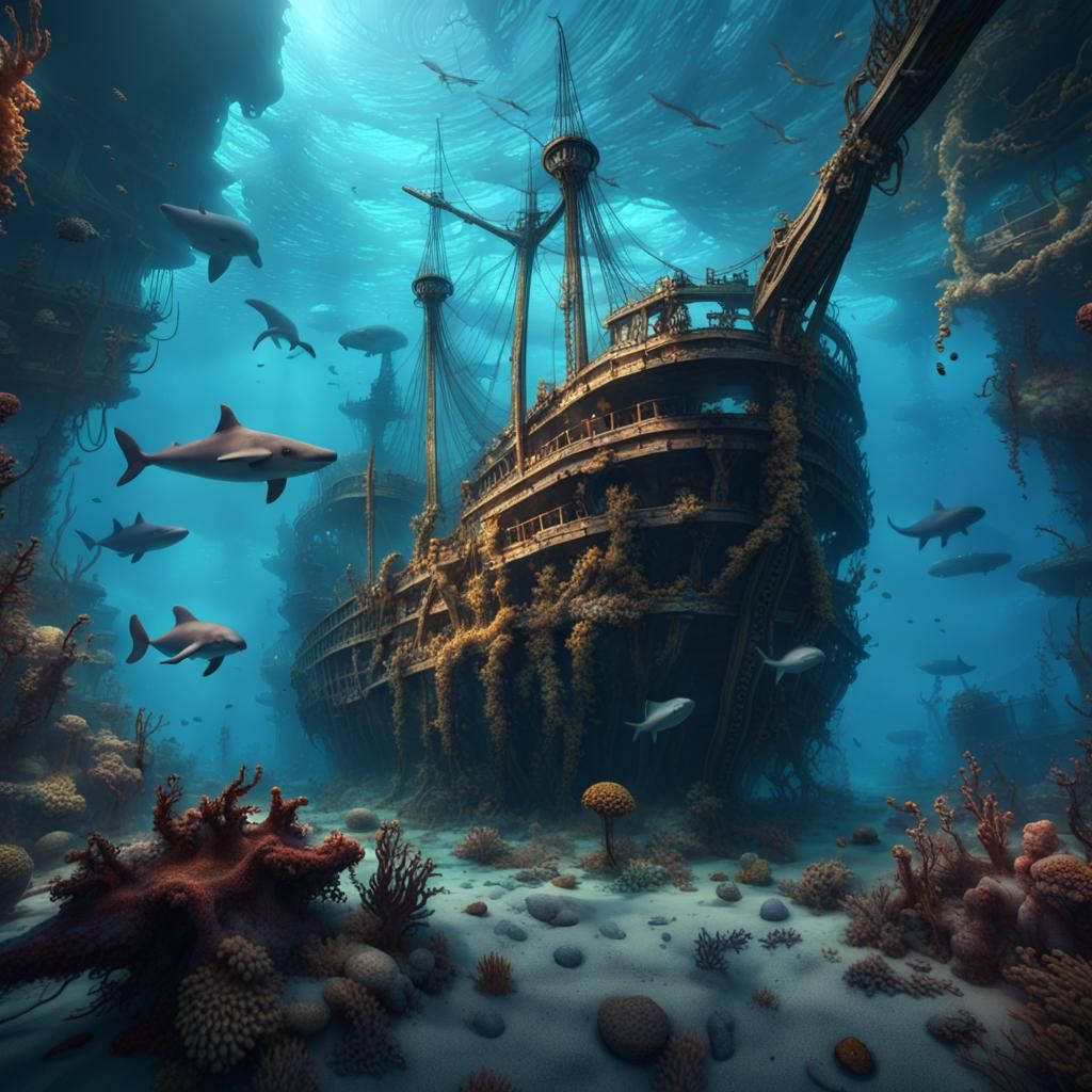 Underwater Shipwreck Scene with Marine Life