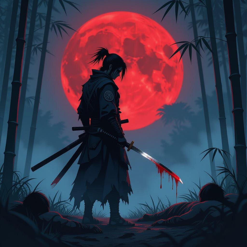 Ninja Silhouette Against Crimson Moon in Dark Anime Style
