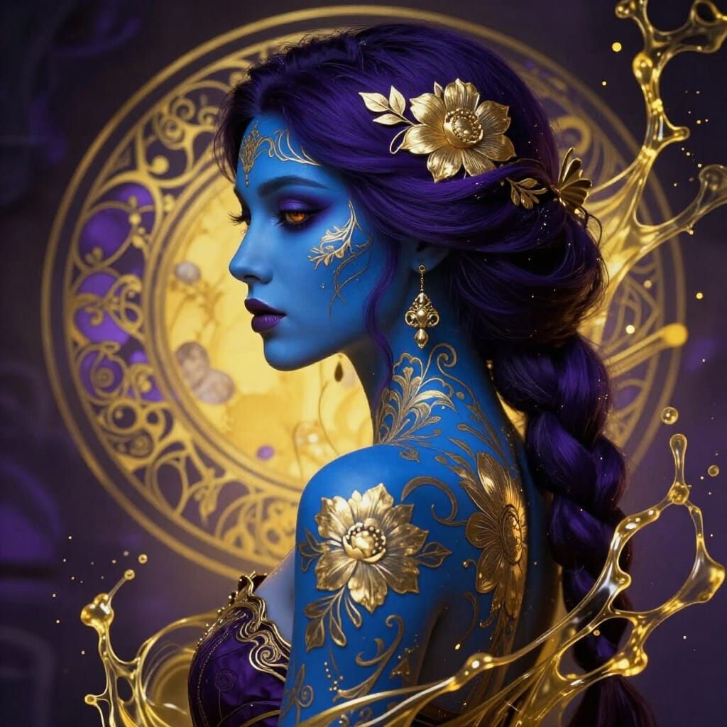 Blue Skinned Woman with Floral Tattoos, Dark Fantasy Art
