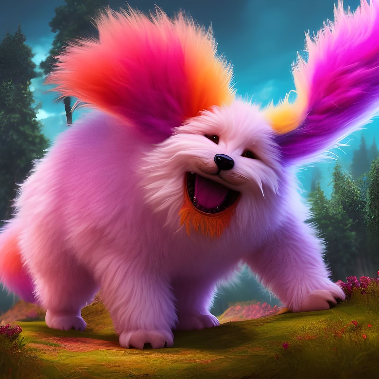 Cute Fluffy Monster in Enchanted Forest, Digital Art
