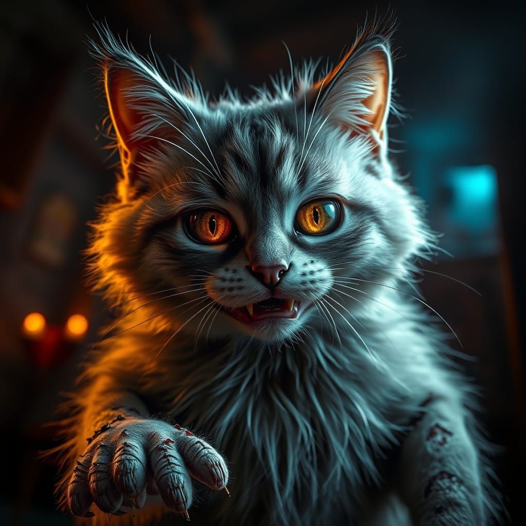 Cute Zombie Cat in a Haunting Hyperrealistic Scene