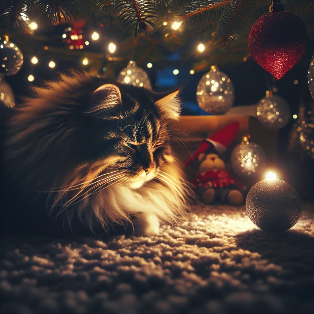 Tabby Angora Cat Under Christmas Tree: Cinematic Film Still