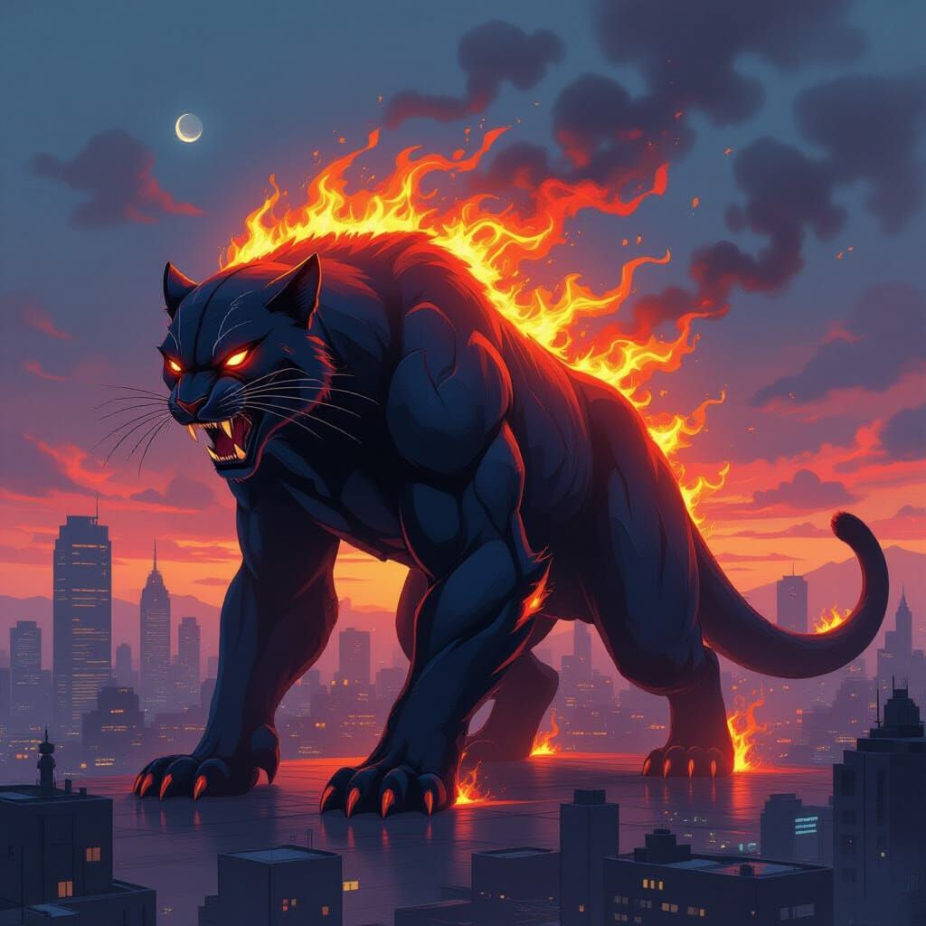 Fiery Kaiju Panther in a Biomechanical Cityscape