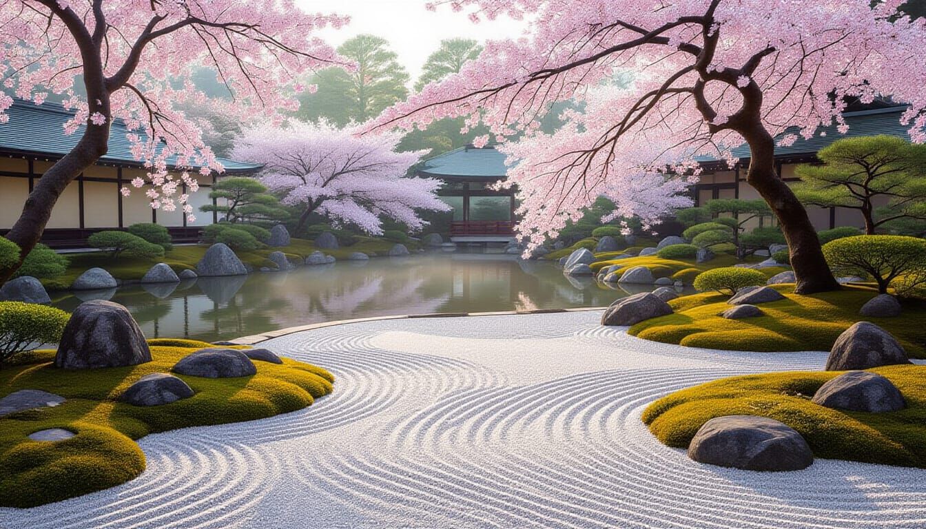 Serene Japanese Garden at Dawn with Zen Path