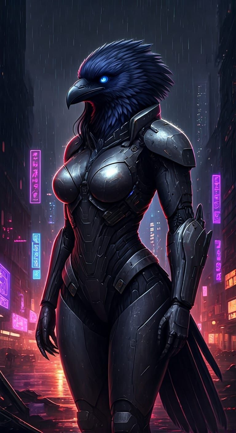 Cyberpunk Raven Anthro in Ruined Cityscape