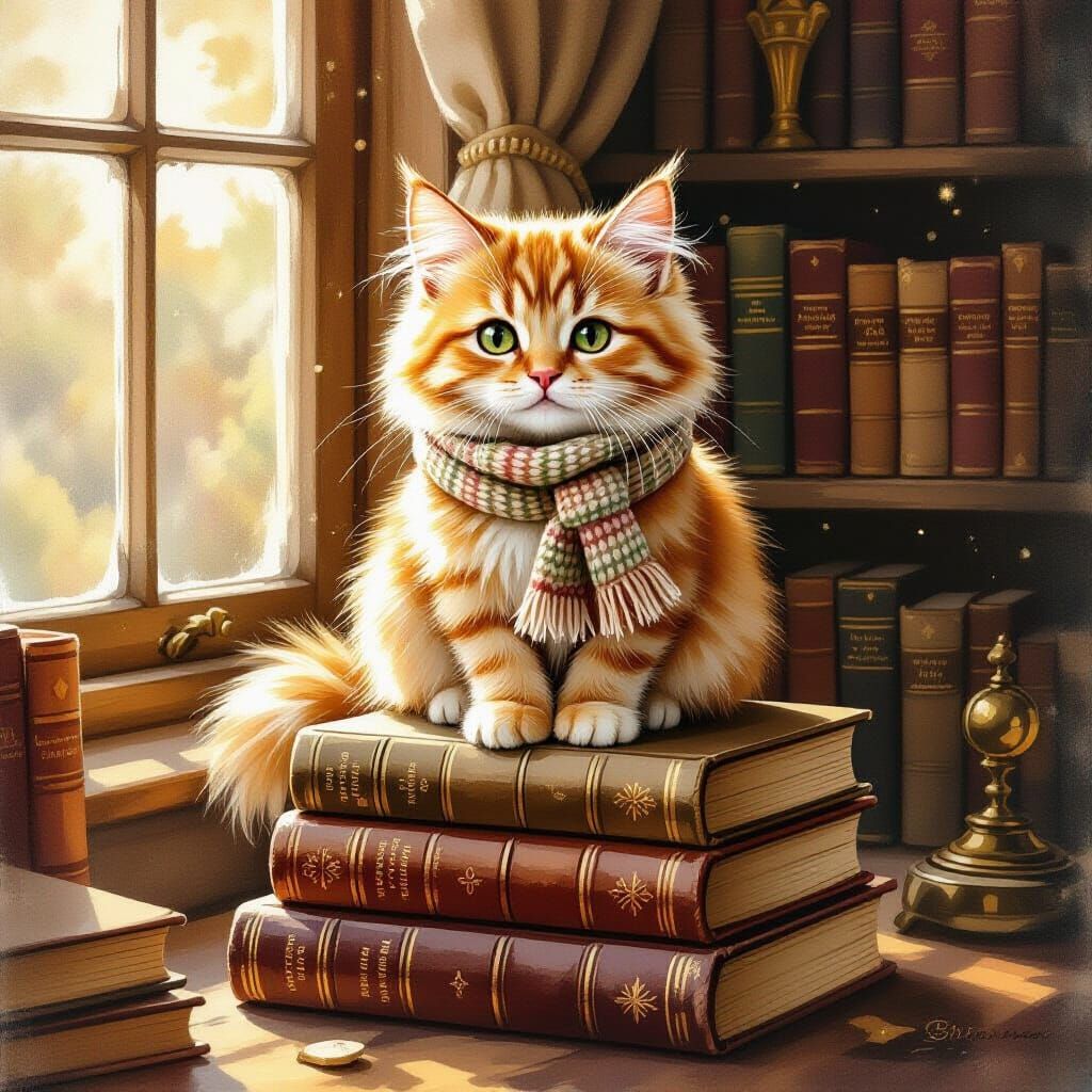 Cozy Ginger Cat on Books in Gentle Watercolor Style