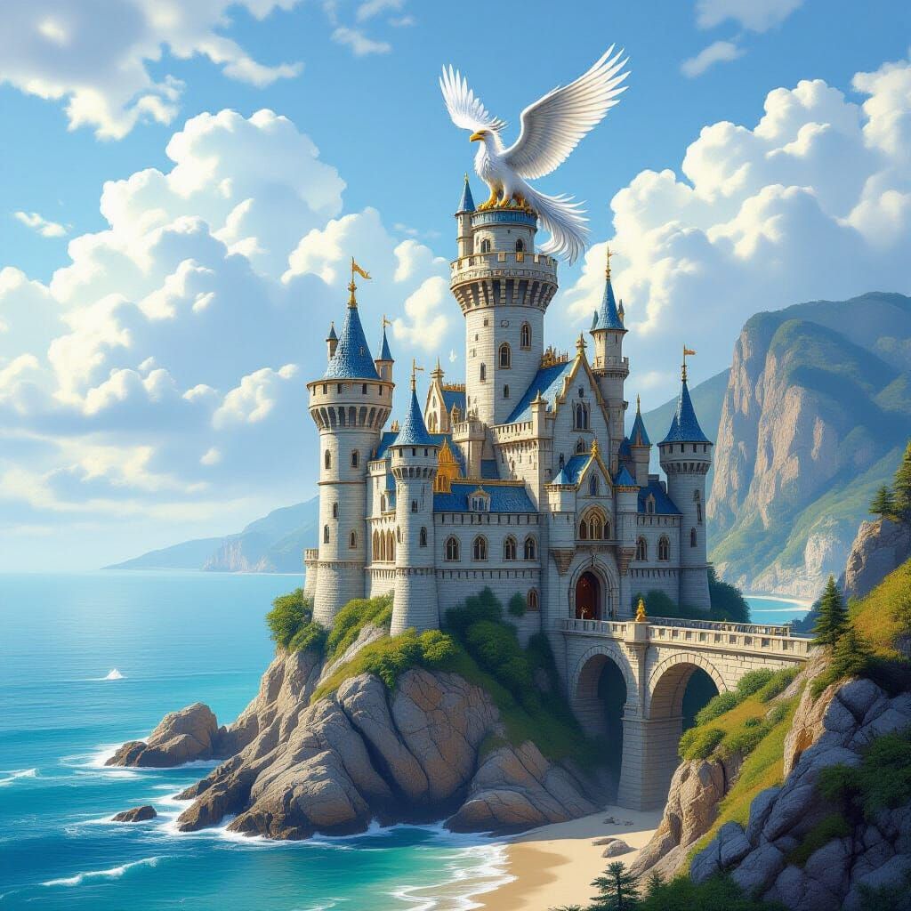 Enchanted Castle with Griffin on Seaside Cliff