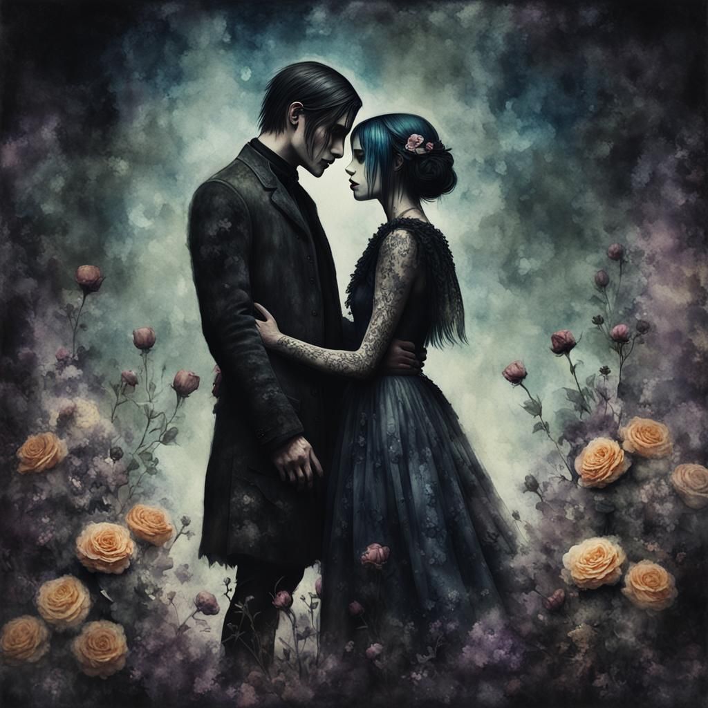 Goth Couple in Whimsical Watercolor Painting