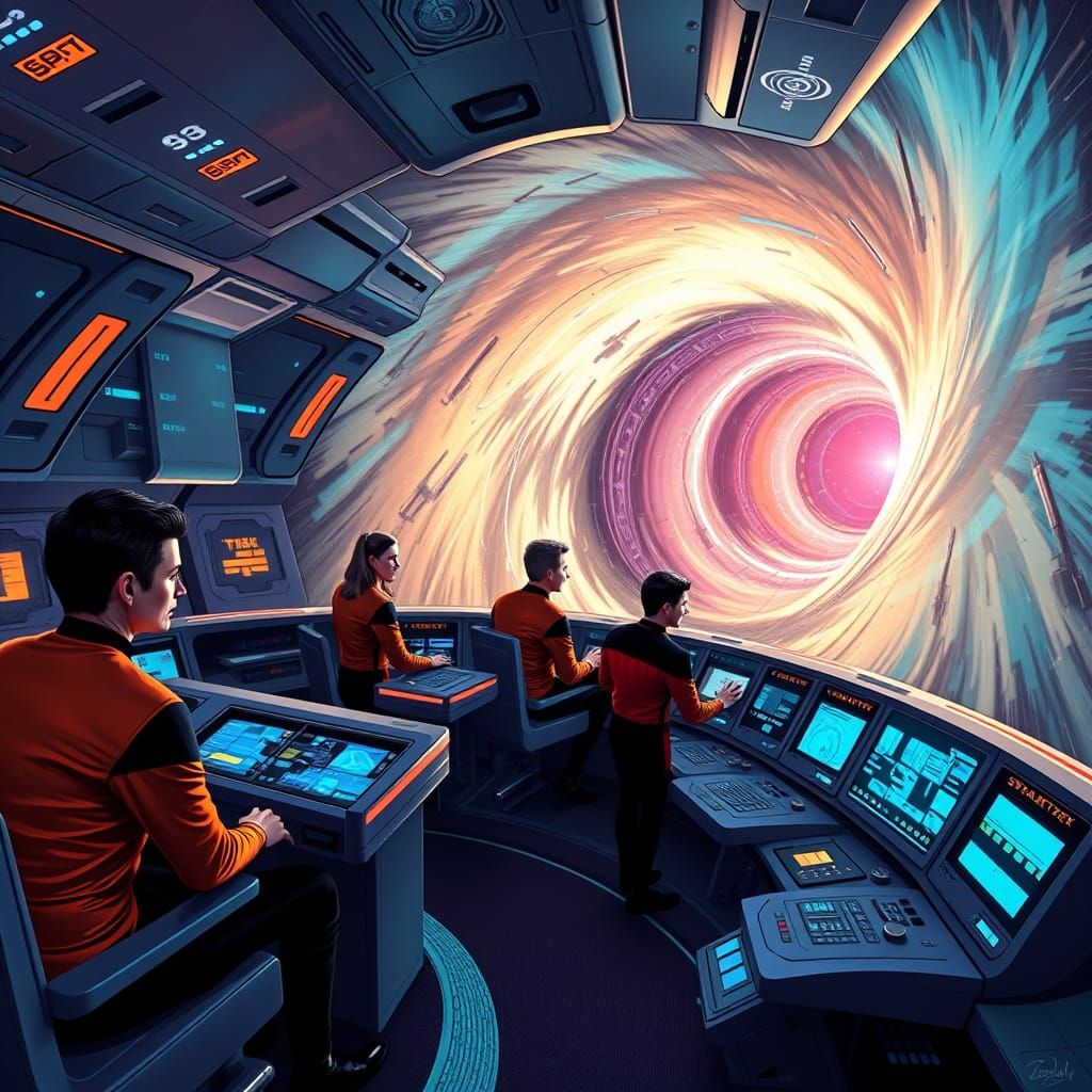 Galactic Starship Crew Navigates Wormhole in Vibrant, Futuri...