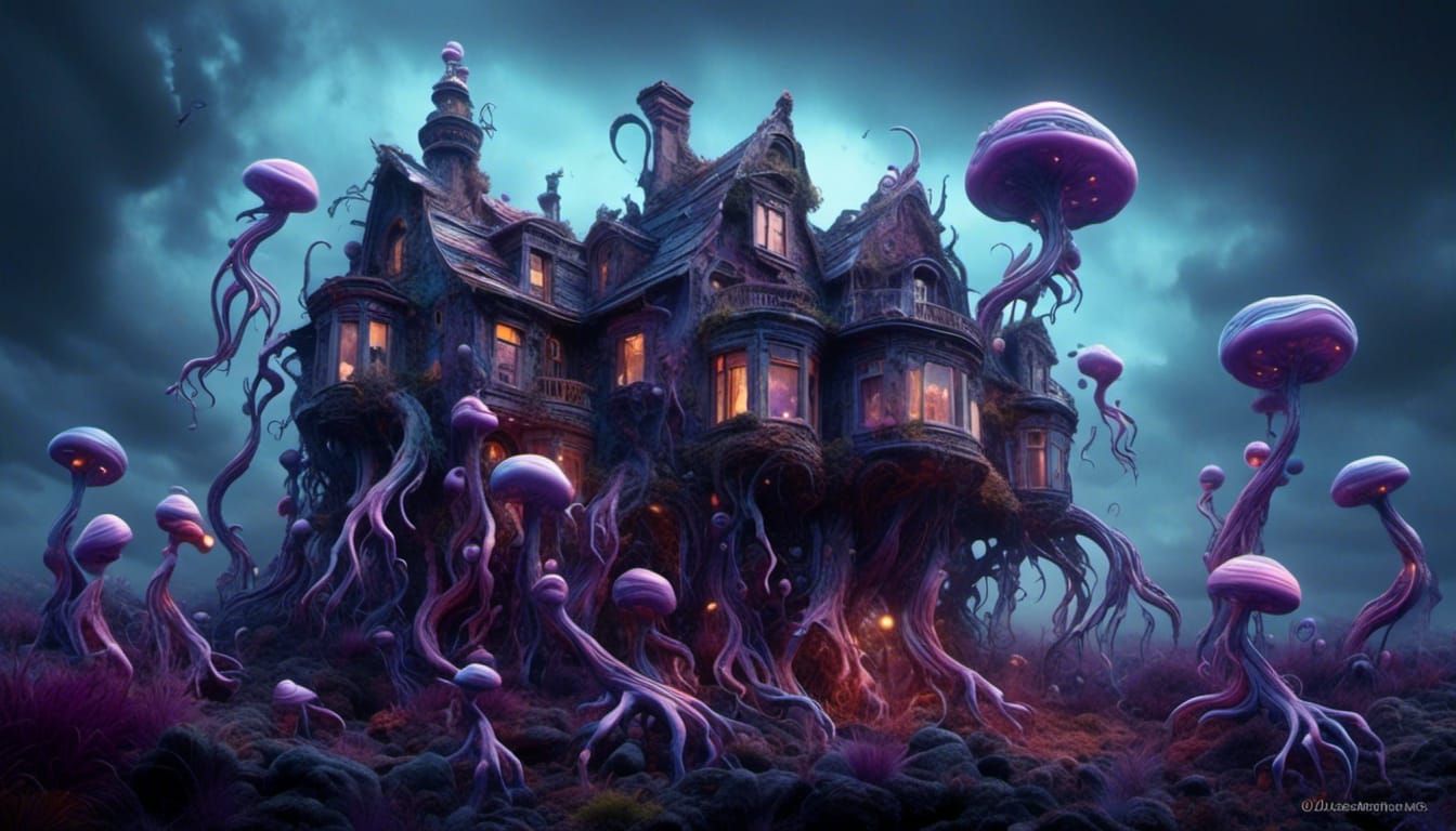 Surreal Alien Landscape with Bioluminescent Houses